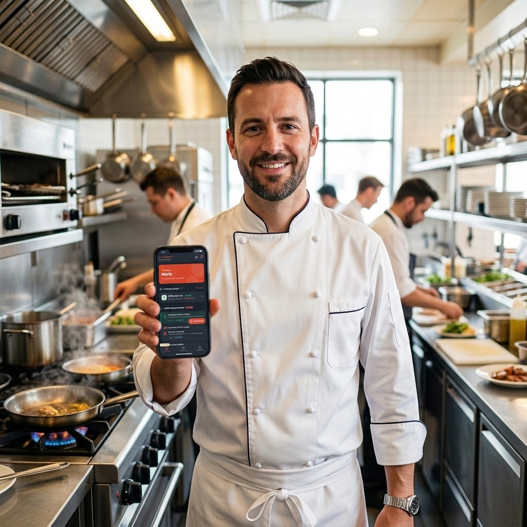 Chef de cuisine utilisant BunnyOrder sur son smartphone