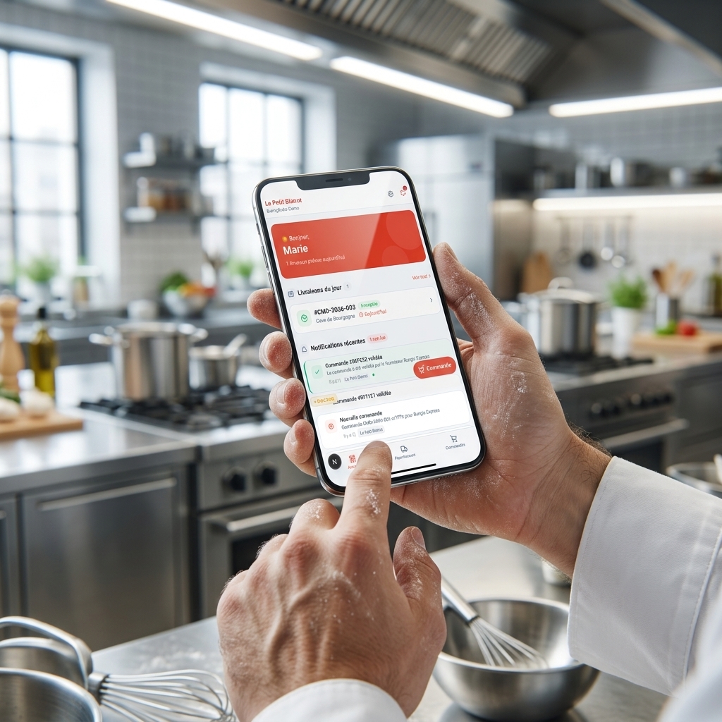 Cuisinier tenant la version mobile de BunnyOrder dans ses mains