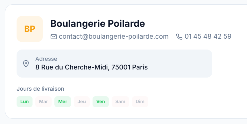 Page fournisseurs BunnyOrder — liste des fournisseurs avec contacts